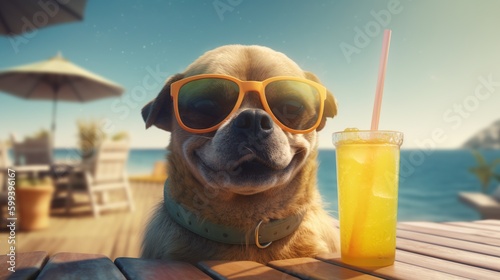 Happy smiles dog with sunglasses and drinks in beach background. Vacation travel time concept. Funny dog drinking cocktails at the bar in a beach club party with ocean view. Generated with Ai tools.  © OlyaOk