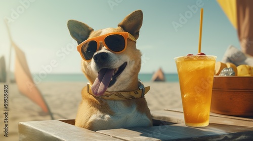 Happy smiles dog with sunglasses and drinks in beach background. Vacation travel time concept. Funny dog drinking cocktails at the bar in a beach club party with ocean view. Generated with Ai tools.  photo