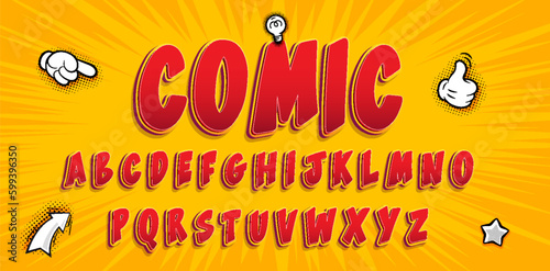 Superhero comic style vector font with uppercase, lowercase, numbers and symbols