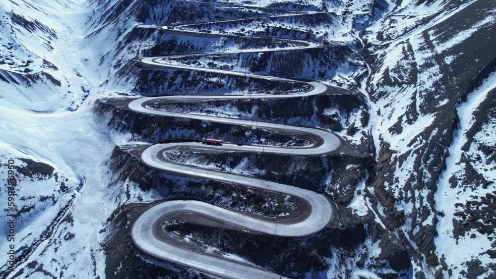 Curves Winding Road At Andes Mountains Santiago Chile. Road Highway. Winter Day Snow Mountain Peak Exotic. Winter Day Andes Mountains Mountain Peak Glacier Mountain Valley.