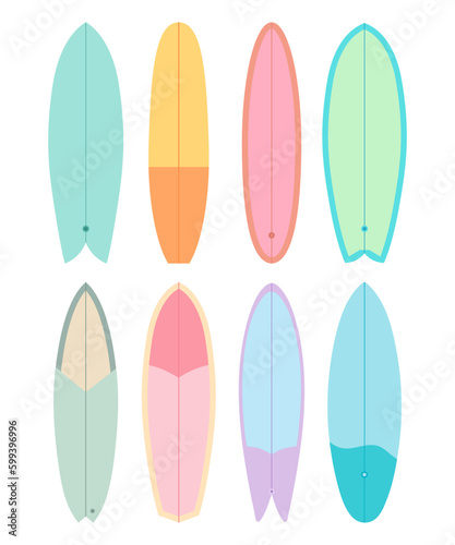 Set of illustrations of surfboards on a white background. Surfing.
