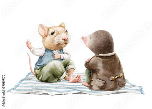 Watercolor vintage summer  composition with mouse and mole animals in vintage clothes sitting on plaid isolated on white background. Hand drawn illustration sketch
