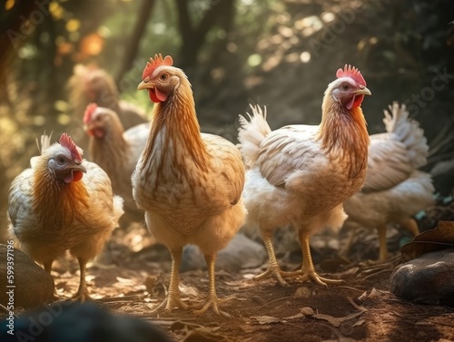 Group of Chicken in natural habitat (generative AI)