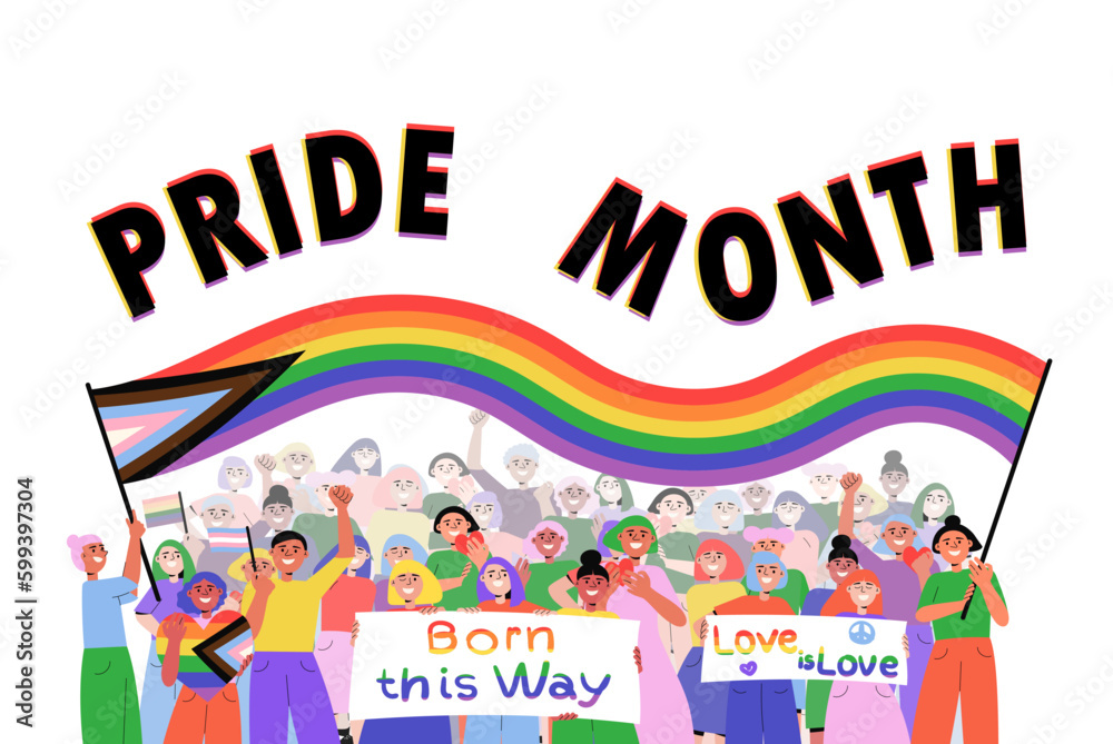 Fototapeta premium Pride parade people marching on street. Happy characters holding rainbow LGBTQ flag and placards with quote Born this way, Love is love. Pride month poster. Vector illustration