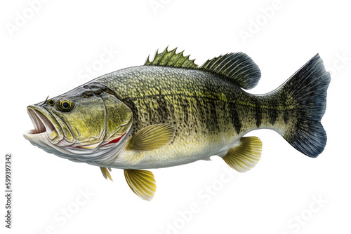  an isolated Largemouth Bass swimming, freshwater sportfishing, bass lures, bait, fishing-themed, photorealistic illustrations on a transparent background cutout in PNG. Generative AI