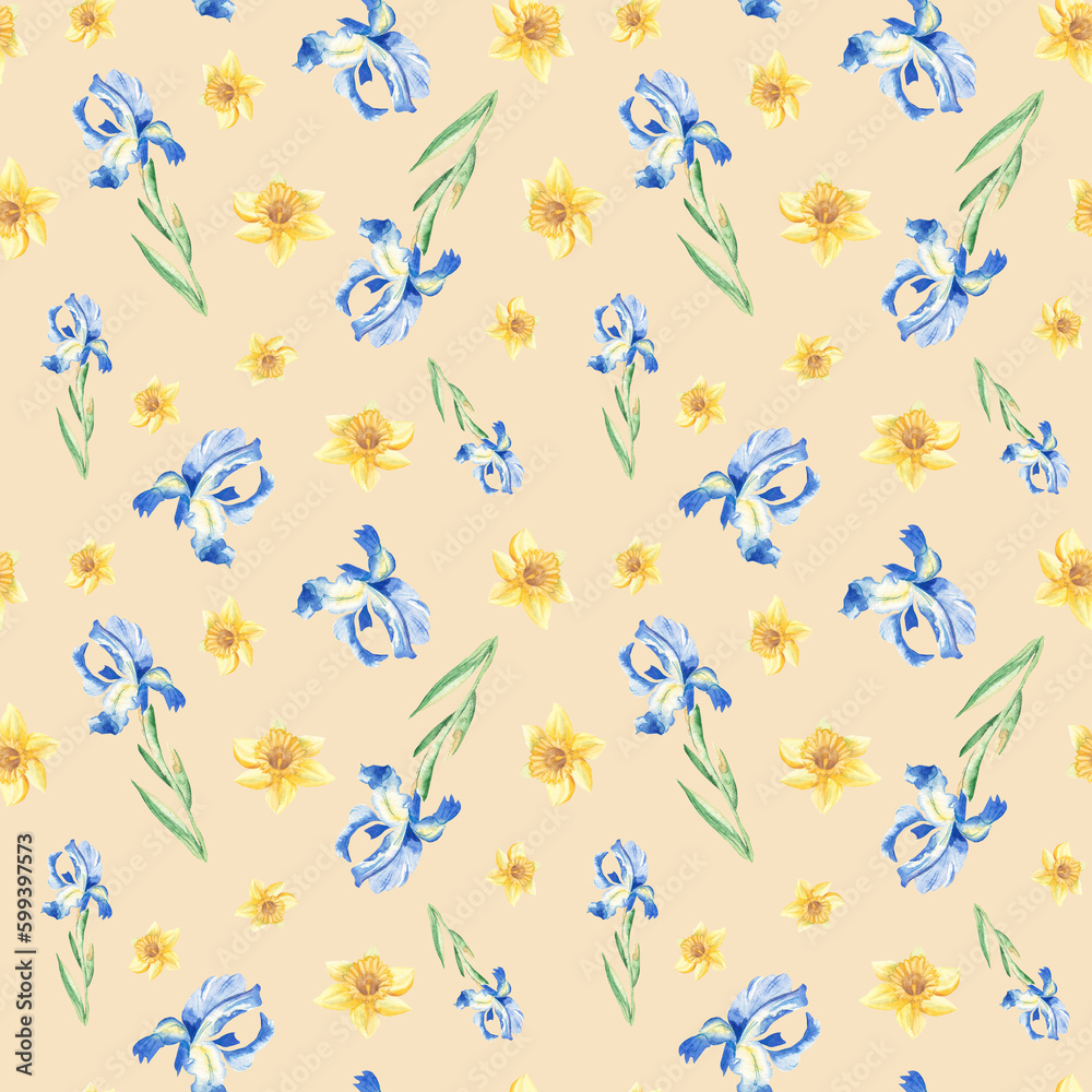 Seamless watercolor pattern with narcissus and iris on beige background. Can be used for fabric prints, gift wrapping paper, kitchen textile.