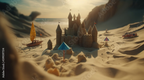 Childhood Memories: An Ultra-Realistic Sandcastle on a Summer Beach. Generative AI