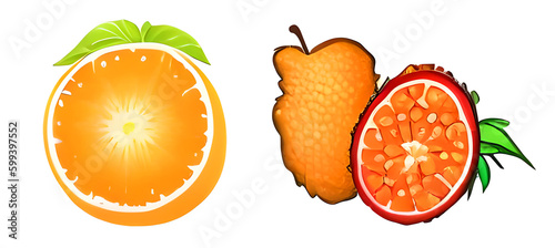 A set of exotic fruits with green leaves isolated on a white background. Generative AI.