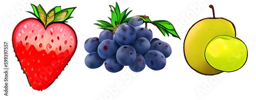 A set of  fruits and berries  grapes  apple  strawberry  with green leaves isolated on a white background. Generative AI.