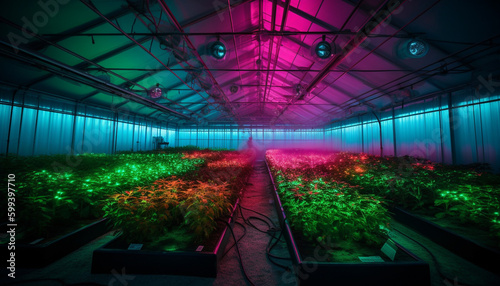 Futuristic greenhouse illuminates organic plant growth indoors generated by AI