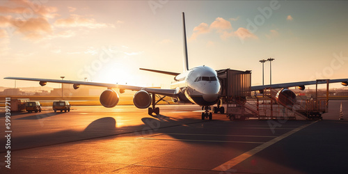 Modernes Flugzeug am Flughafen, Sonnenuntergang im Hintergrund, ai generativ photo