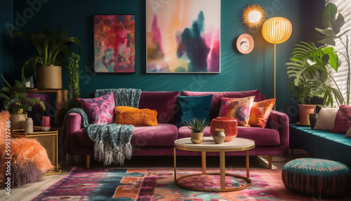 Comfortable modern living room with vibrant colors generated by AI