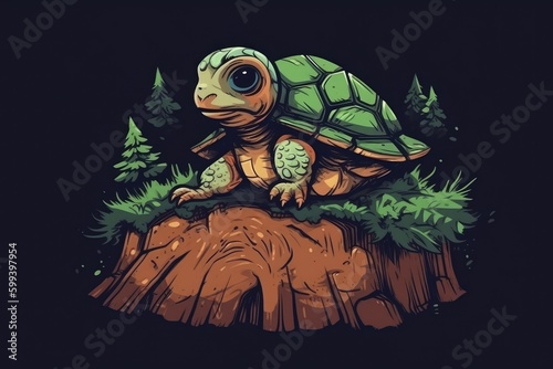 turtle perched atop a tree stump in a green forest Generative AI