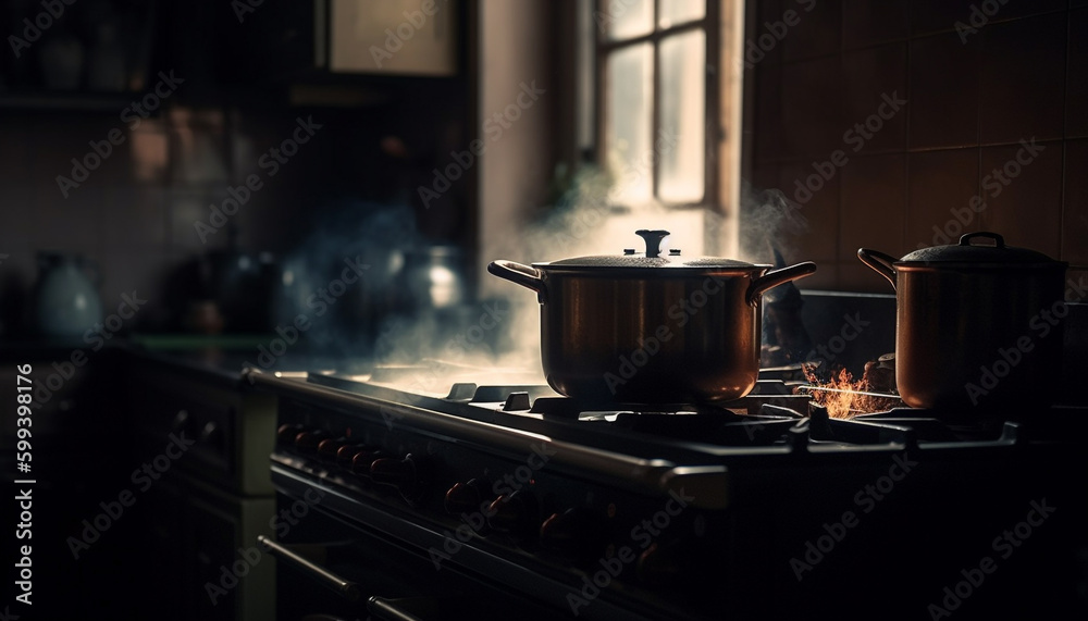 Steel stove top burner heats cooking pan generated by AI Steel stove top burner heats cooking pan generated by AI