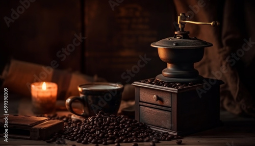 Freshly ground coffee in antique copper pot generated by AI