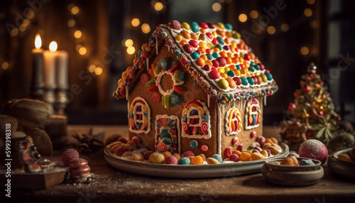 Homemade gingerbread house decoration with candy cane generated by AI