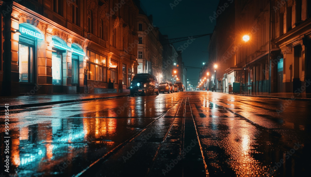 Bright city lights illuminate the wet streets generated by AI