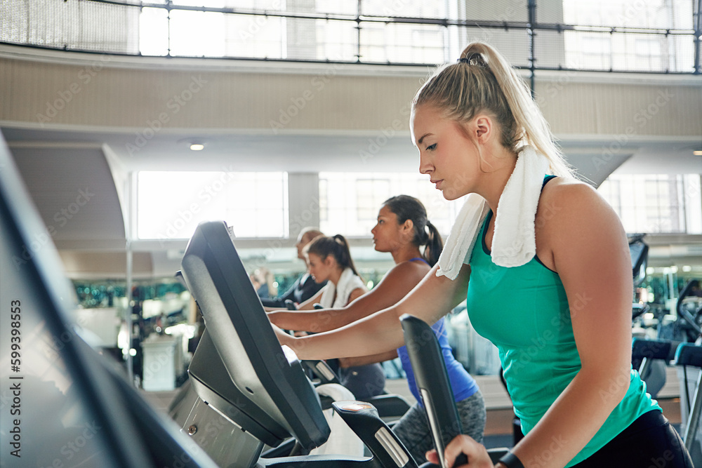 Commitment burns calories. a young woman working out with a machine at a gym. Commitment burns calories. a young woman working out with a machine at a gym.