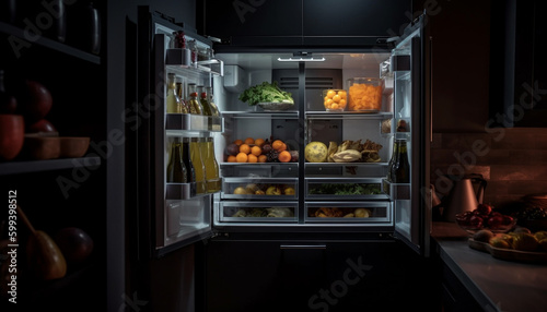 Fresh organic fruit and vegetables in modern kitchen generated by AI