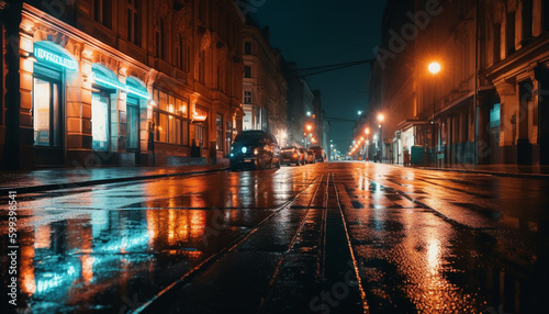 Bright city lights illuminate the wet streets generated by AI © djvstock