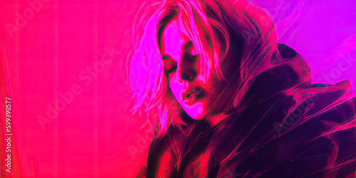 Portrait of a blond short haired woman  pop art style  on neon pink background  generative ai illustration