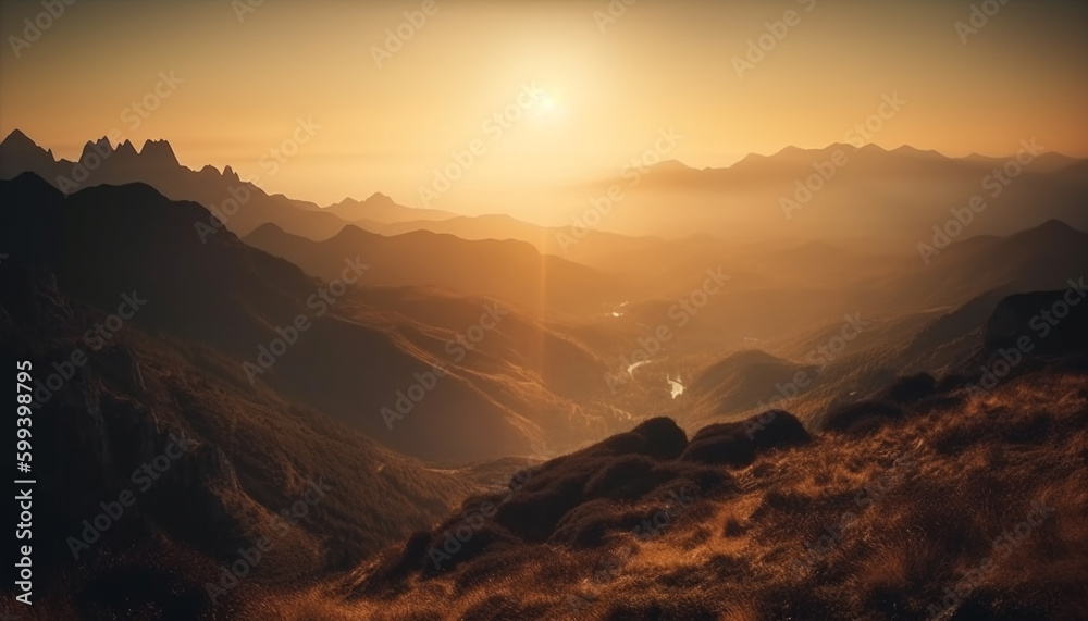 Obraz premium Majestic mountain range, back lit by sunrise generated by AI