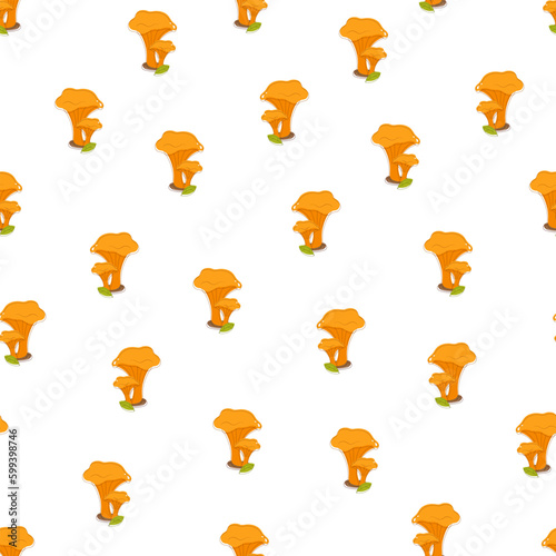 Seamless pattern of drawn chanterelles in cartoon style for children's textiles and decor. With offset contour.