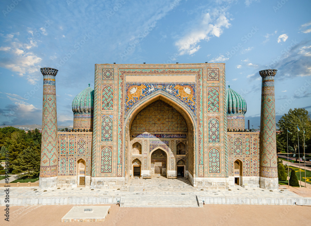 Samarkand, Uzbekistan aerial view of The Registan Square. Ulugh Beg Madrasah and the Tilya-Kori Madrasah a popular tourist attraction of Central Asia.