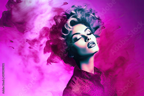 Portrait of a woman, glamour style, short blond hair, on purple background with copy space, generative ai illustration