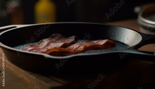 Smoked bacon sizzling in cast iron pan generated by AI