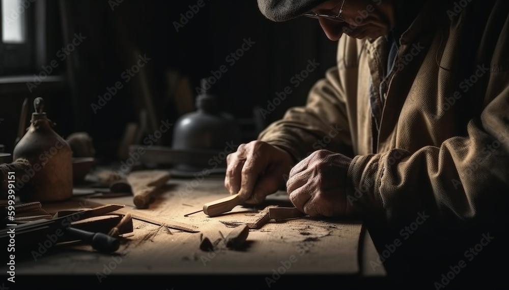 One carpenter hand carving a wooden plank generated by AI One carpenter hand carving a wooden plank generated by AI