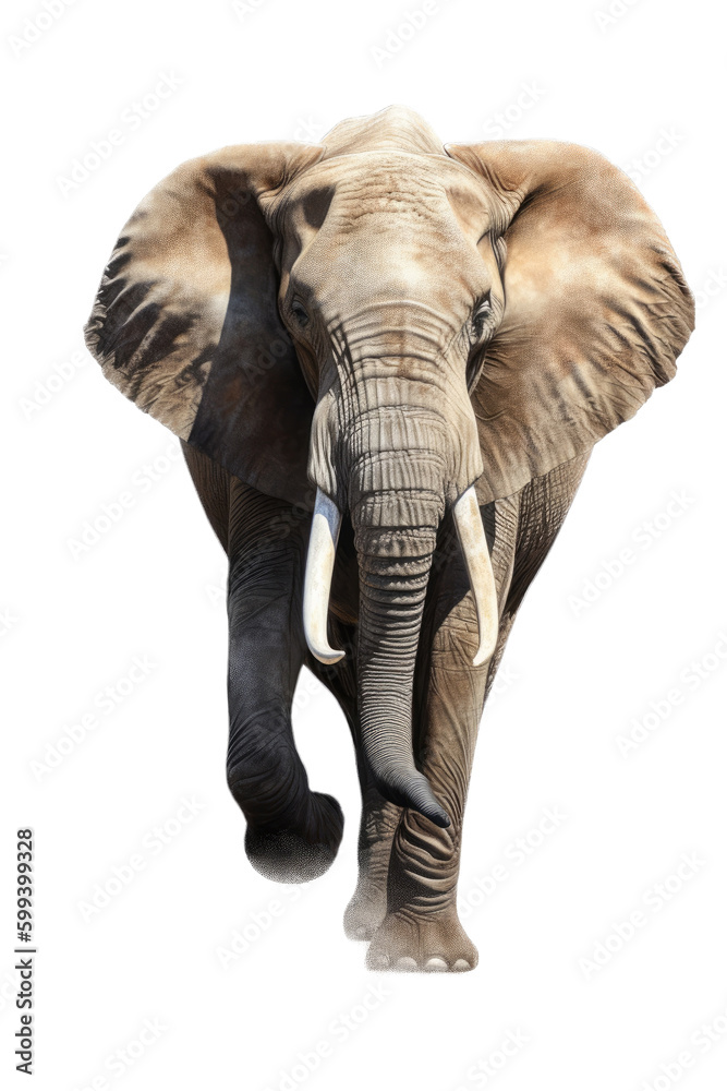 Obraz premium an isolated African elephant front-view portrait, wildlife-themed, African savannah, photorealistic illustration on a transparent background cutout in PNG, Generative AI