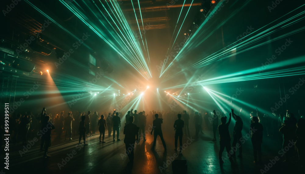 Glowing stage light illuminates crowd blurred motion generated by AI