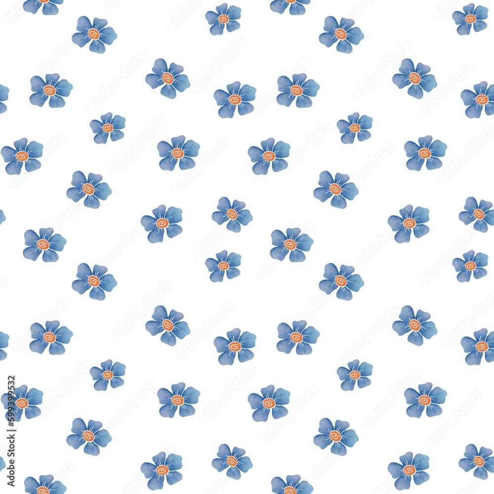 Seamless Pattern with summer blue flowers on white background. hand drawn Watercolor print isolated for packaging paper, fabrics, textile, wallpapers
