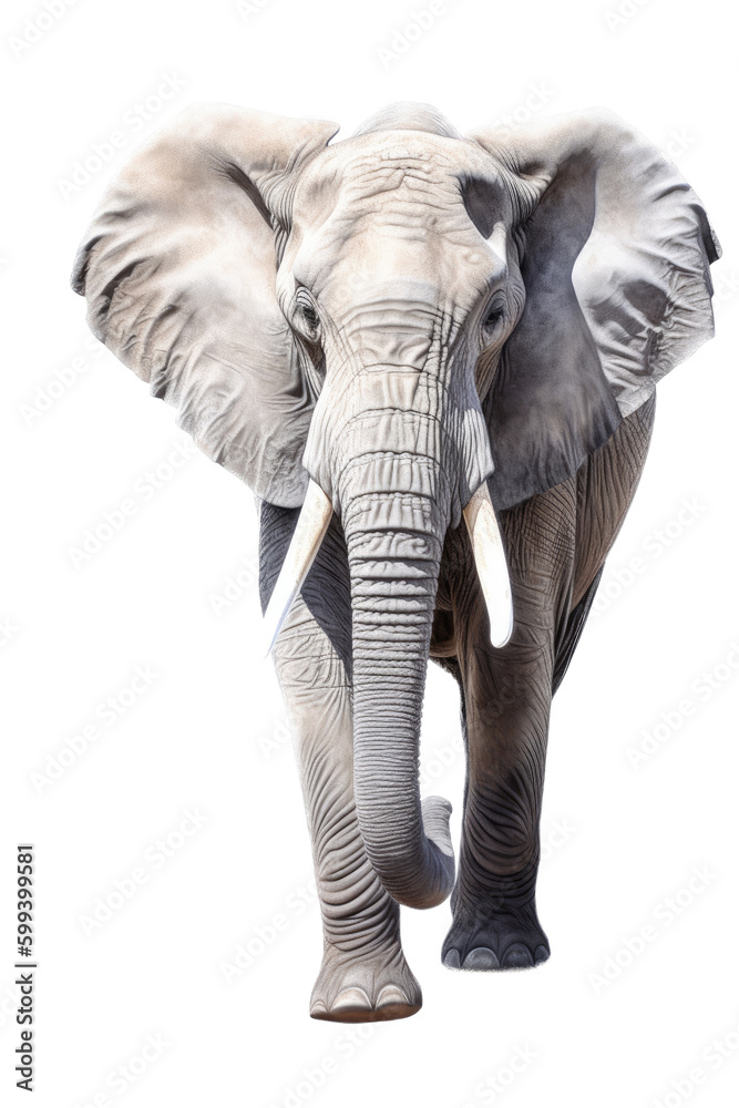 an isolated African elephant front-view portrait, wildlife-themed, African savannah, photorealistic illustration on a transparent background cutout in PNG, Generative AI