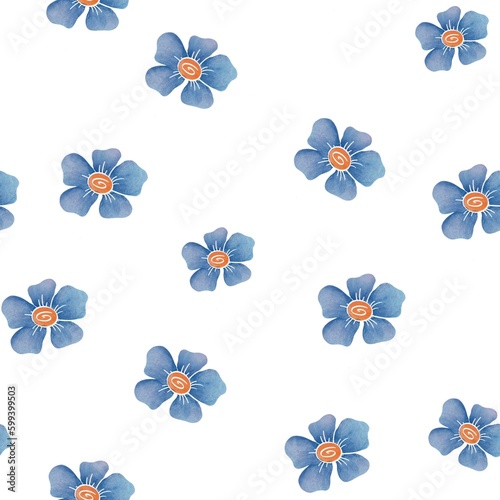 Seamless Pattern with summer blue flowers on white background. hand drawn Watercolor print isolated for packaging paper  fabrics  textile  wallpapers