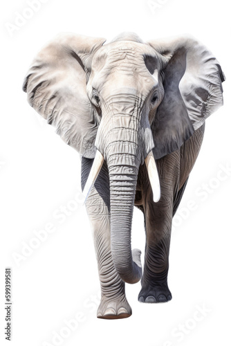 an isolated African elephant front-view portrait  wildlife-themed  African savannah  photorealistic illustration on a transparent background cutout in PNG  Generative AI