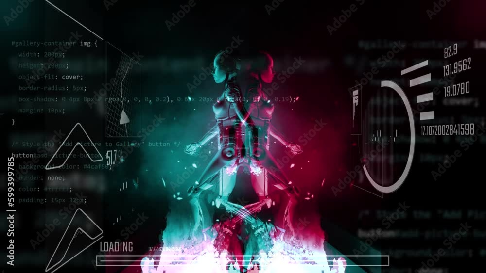 symmetrical 3d render animation of robot humanoid walking with blue and red, right or wrong site with black background and motion graphic data nalyse overlay