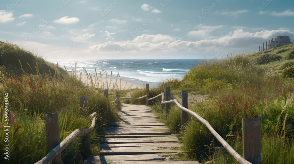 Journey to the Beach: A Wooden Path through Tall Grass. Generative AI