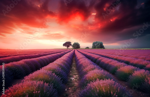 Lavender field with red cherry blossoms colors, English countryside, symmetrical arrangements, dramatic skies, joyful celebration of nature. Generative Ai. 