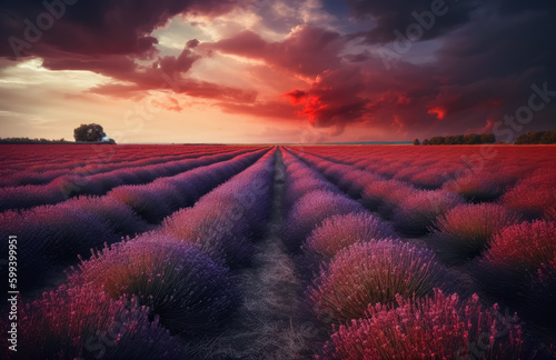 Lavender field with red cherry blossoms colors, English countryside, symmetrical arrangements, dramatic skies, joyful celebration of nature. Generative Ai. 