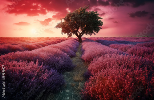 Lavender field with red cherry blossoms colors  English countryside  symmetrical arrangements  dramatic skies  joyful celebration of nature. Generative Ai. 