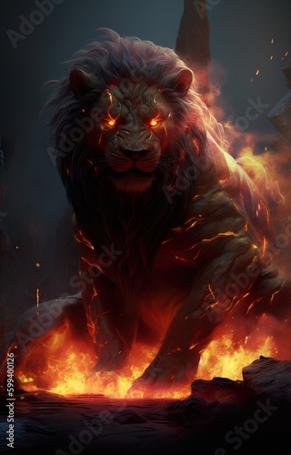 A ferocious lion roars, with bright orange flames engulfing its body and glowing eyes. A concept art piece created using AI generative technology