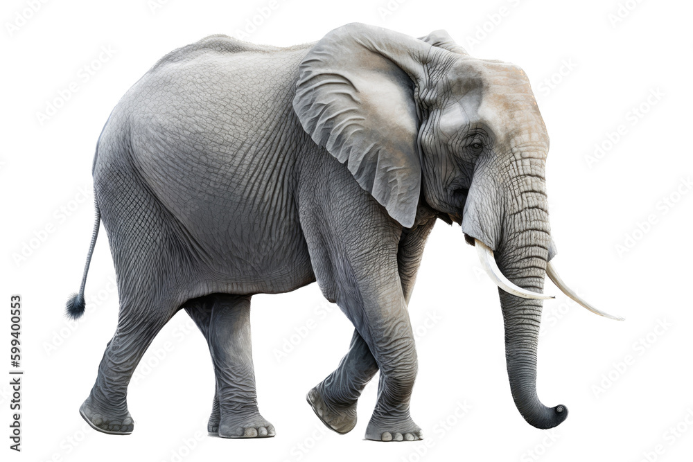 Obraz premium an isolated Bull Elephant walking side view, strong and muscular, wildlife-themed photorealistic illustration on a transparent background cu,tout in PNG. Generative ai