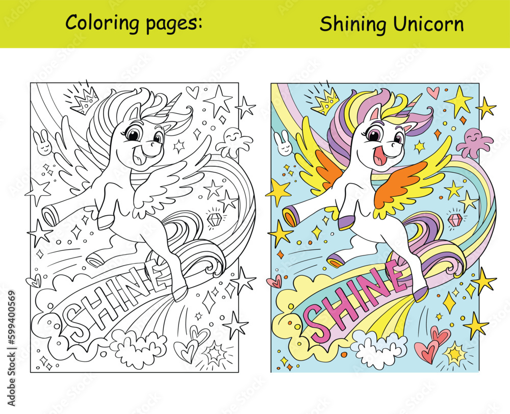 Cute unicorn with shine coloring and template vector