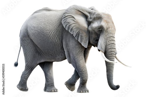 an isolated Bull Elephant walking side view  strong and muscular  wildlife-themed photorealistic illustration on a transparent background cu tout in PNG. Generative ai