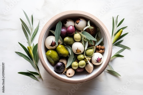 bowl filled with fresh green olives and olive leaves on a wooden table Generative AI
