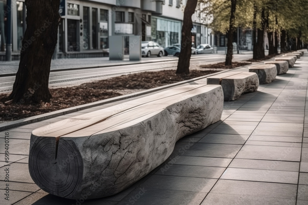 minimalist-benches-with-wooden-logs-outdoor-seating-in-public-place