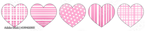 Eine Reihe rosafarbener Herzen mit kariertem, gestreiftem und gepunktetem Dekor.