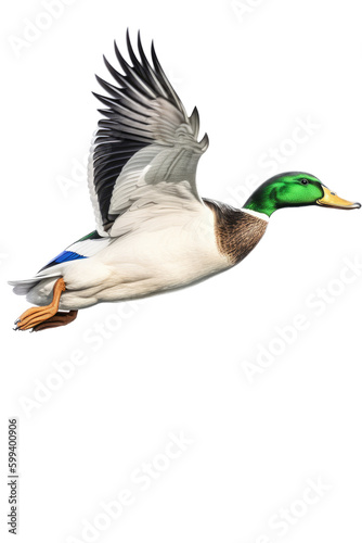 an isolated  Mallard Duck(Anas platyrhynchos) in flight side view , preservation, Wildlife-themed, photorealistic illustration on a transparent background cutout in PNG Fototapet